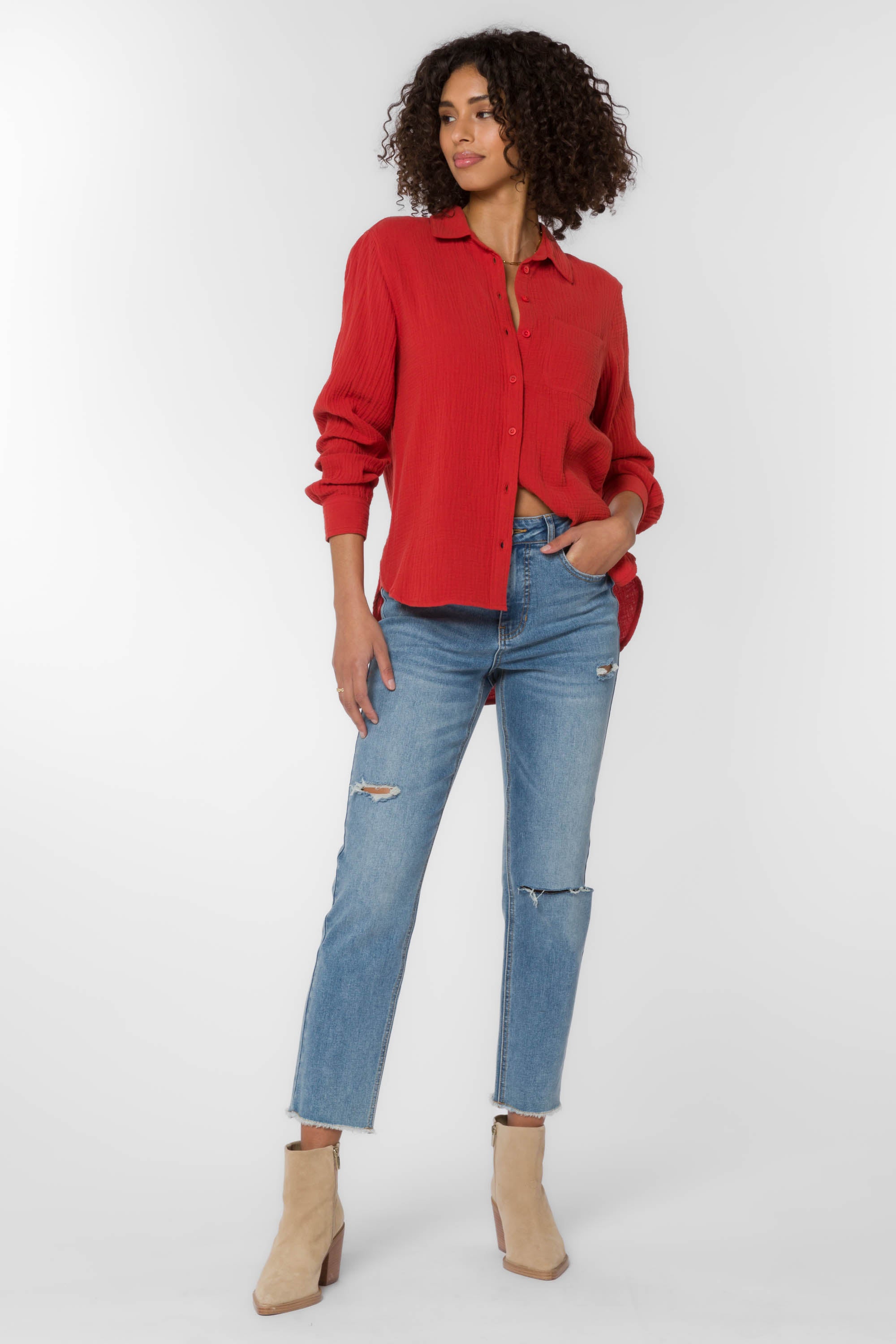 Red best sale flowy shirt