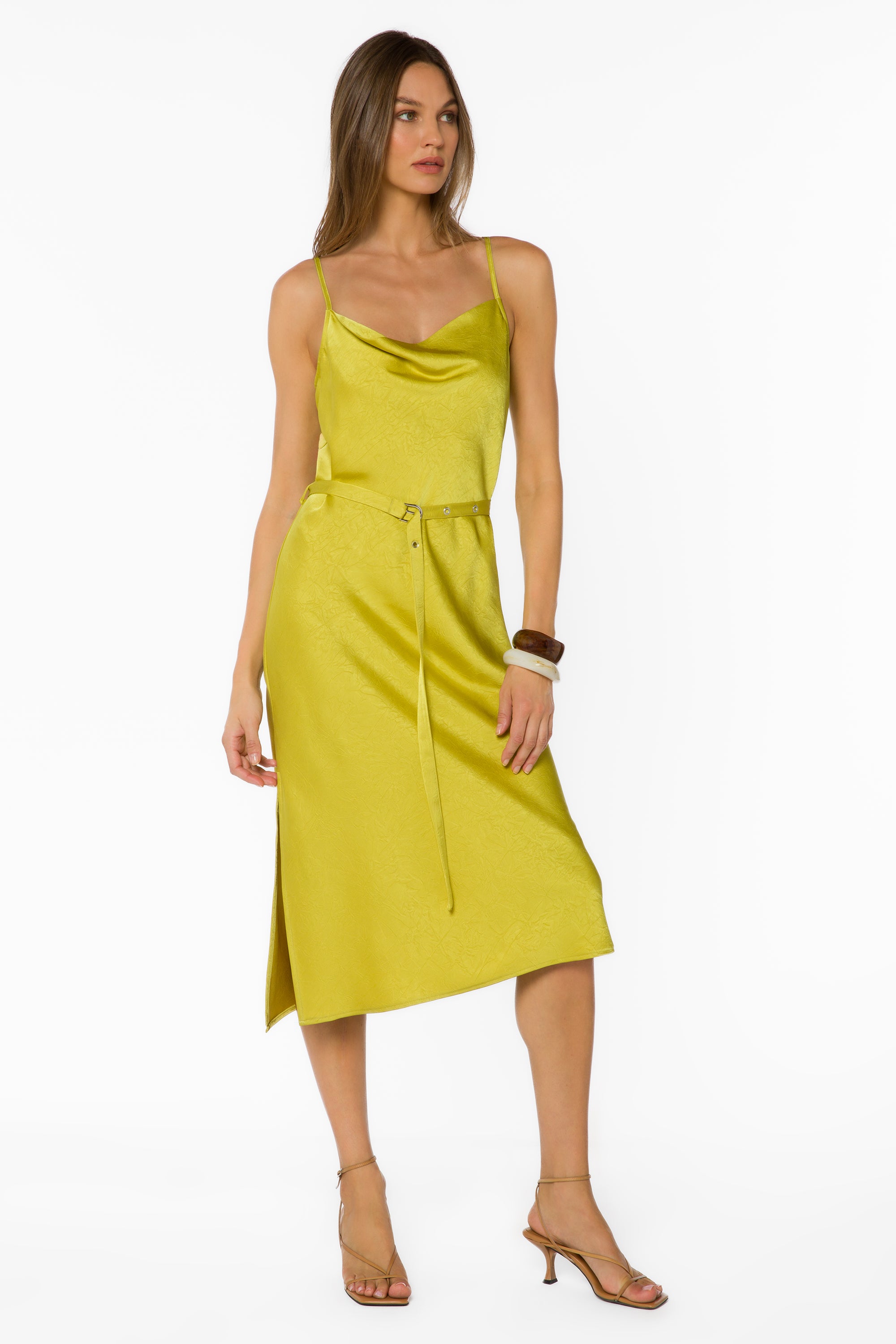 pear green dress Talulla S / Green Pear Poly/Spandex Model is wearing Color:B-Short Sleeves Women's Copper Satin Twist cottagecore