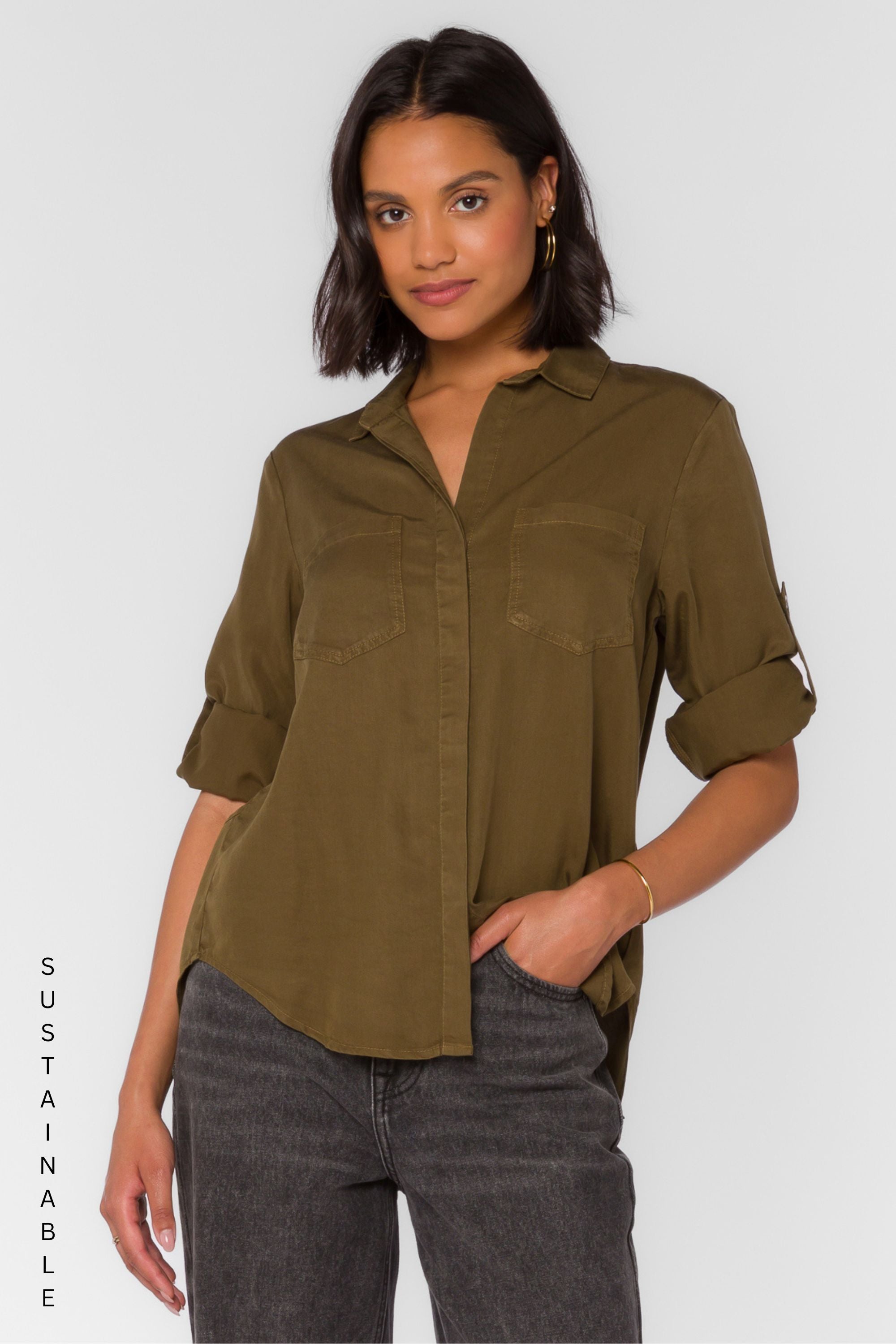 Riley Pesto Green Shirt - Tops - Velvet Heart Clothing