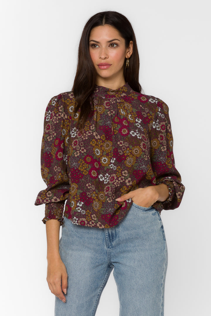 Arlene Red Sangria Floral Top - Tops - Velvet Heart Clothing