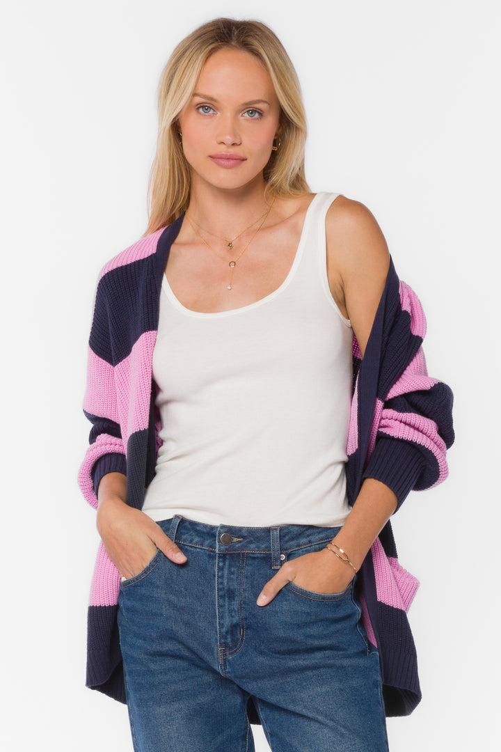 Elijah Navy Orchid Stripe Cardigan - Sweaters - Velvet Heart Clothing