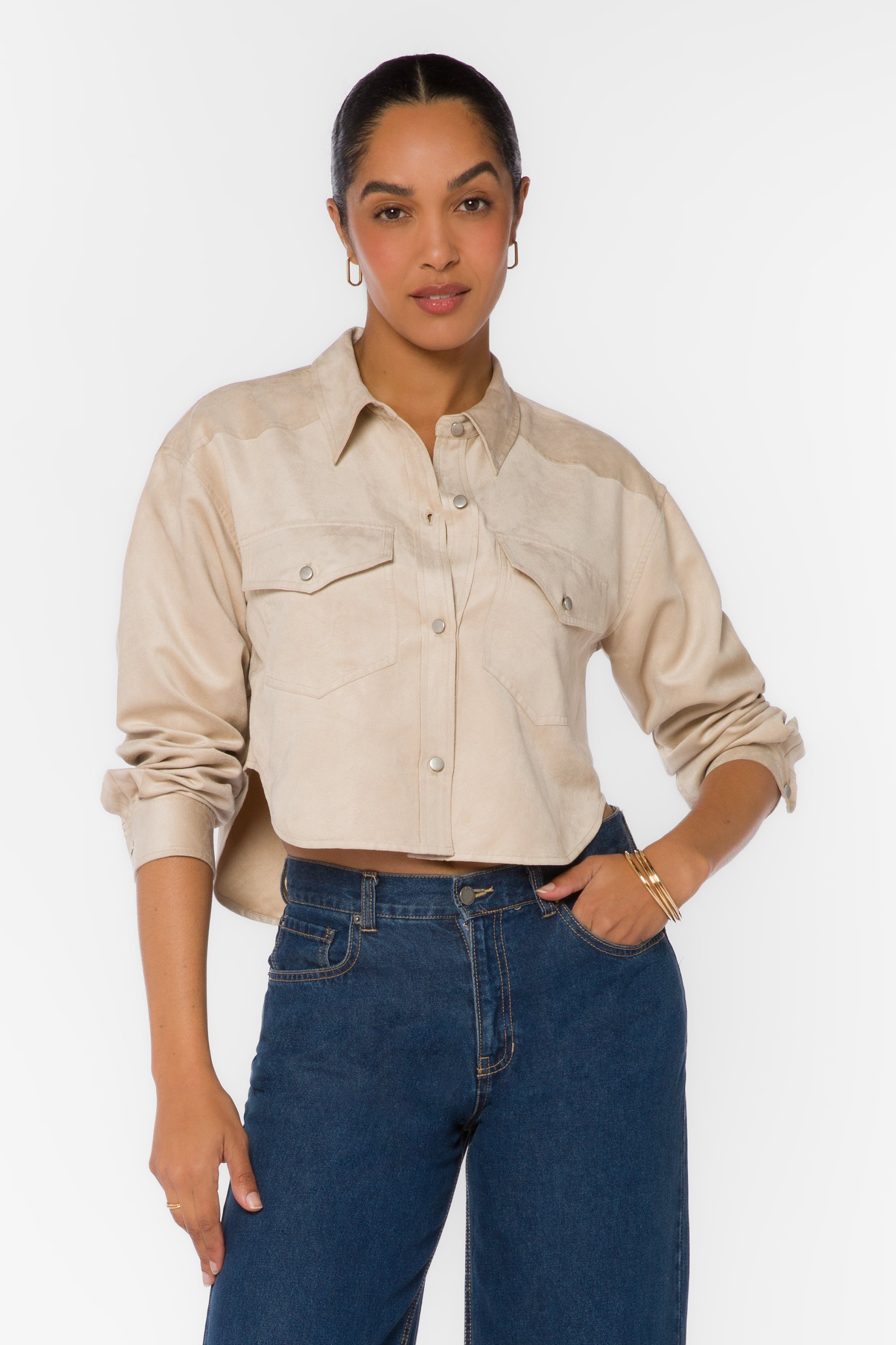 Enya Ecru Microsuede Crop Shirt