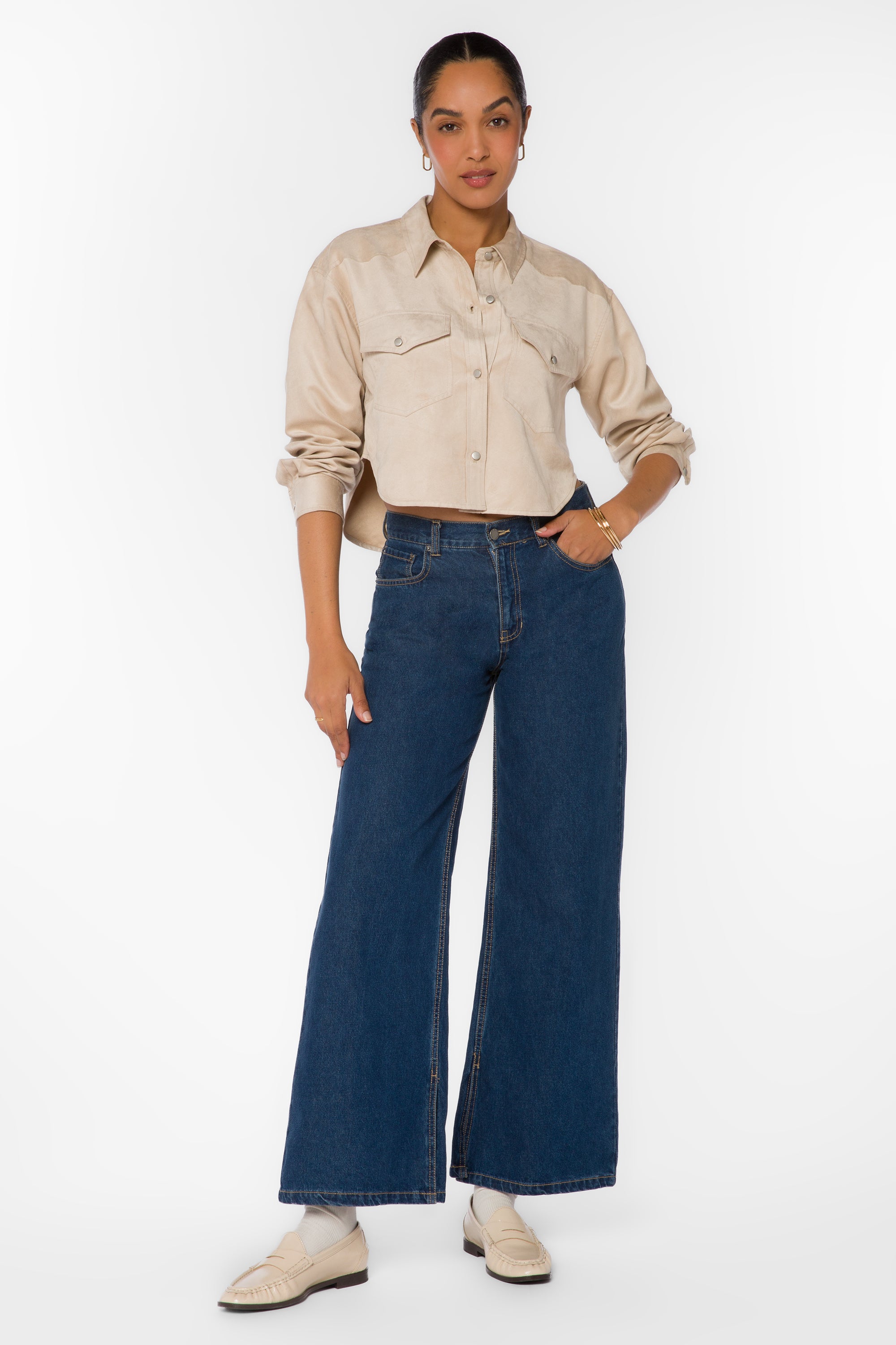 Enya Ecru Microsuede Crop Shirt