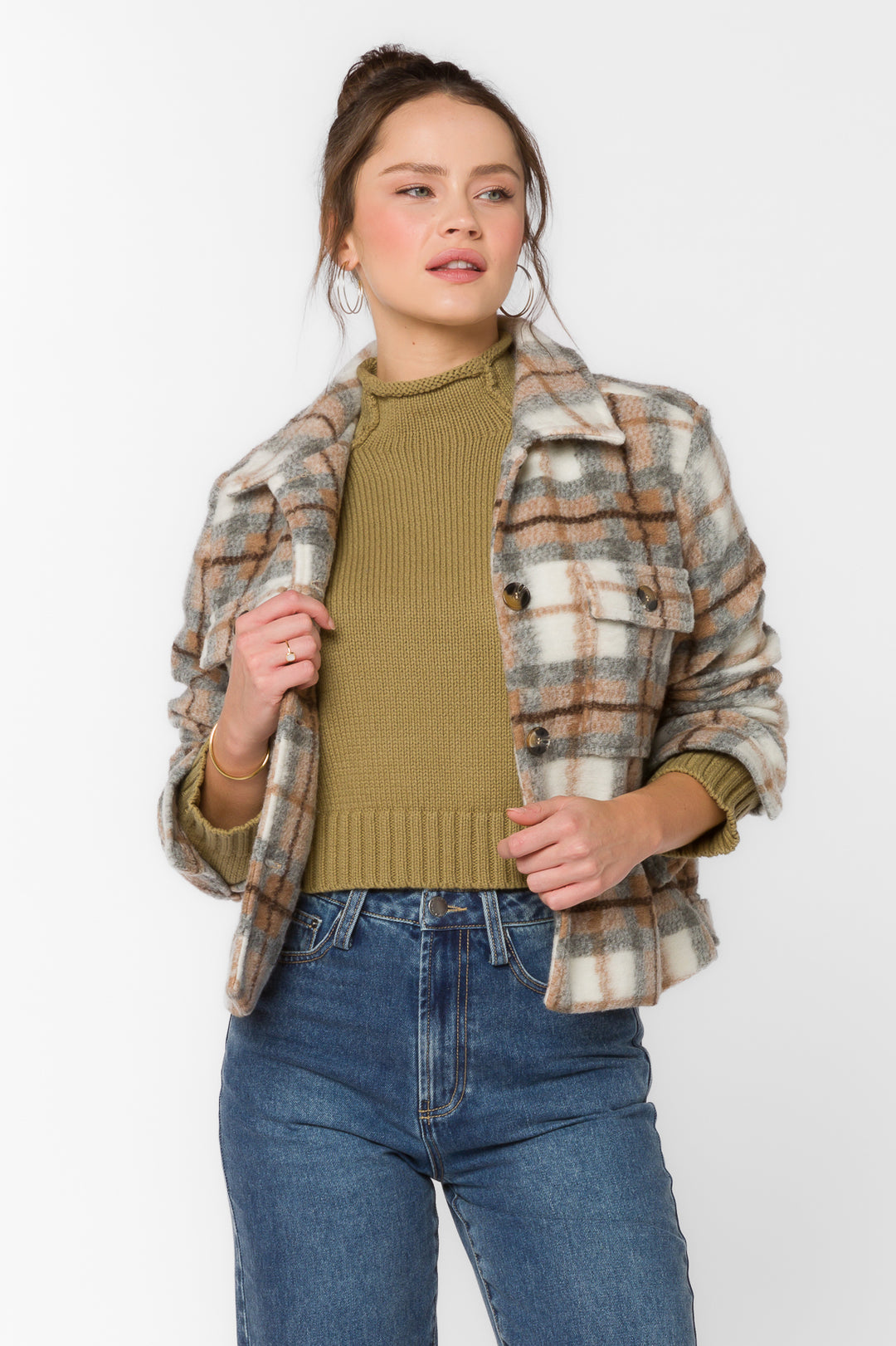 Frenchie Brown Grey Plaid Jacket - Jackets & Outerwear - Velvet Heart Clothing