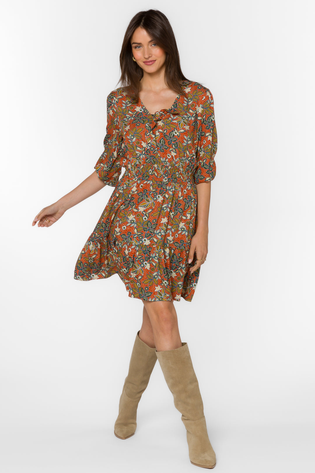 Henriette Copper Dotted Leaf Dress - Dresses - Velvet Heart Clothing