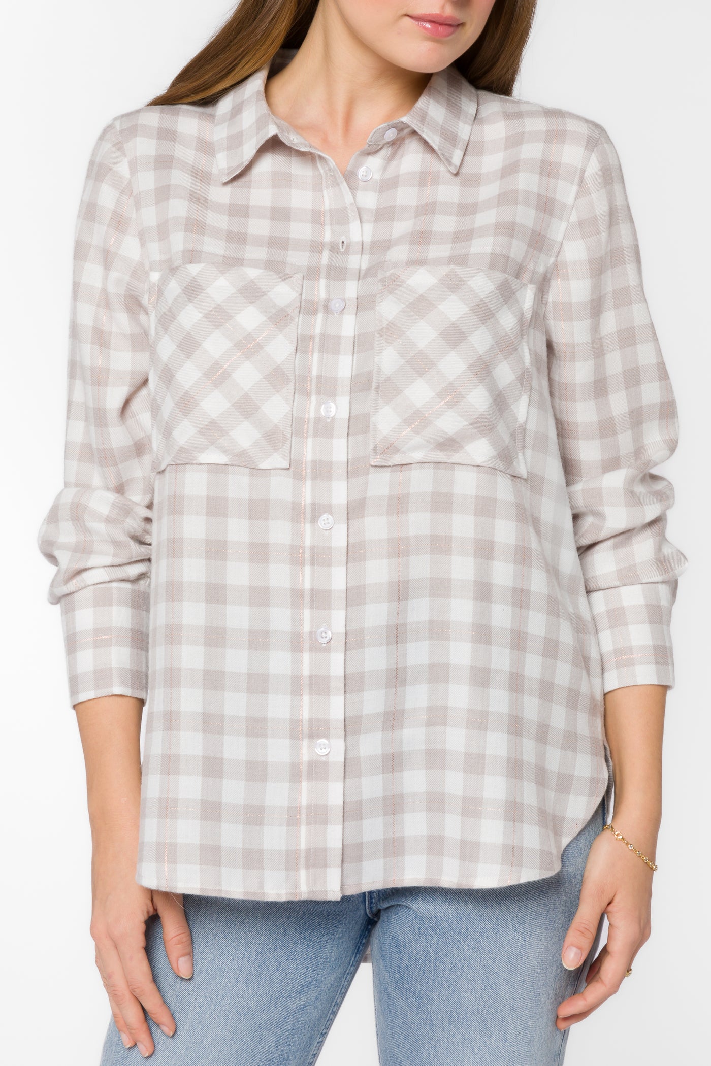 Kacia Taupe Plaid Shirt - Tops - Velvet Heart Clothing