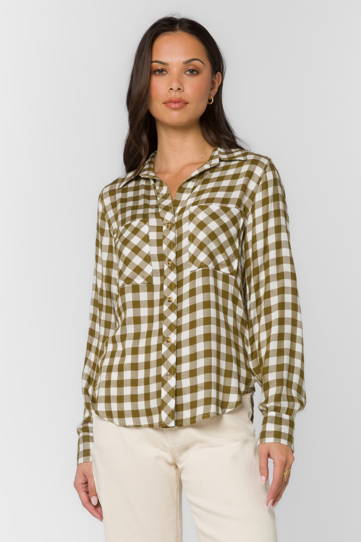 Kacia Olive Gingham Shirt - Tops - Velvet Heart Clothing