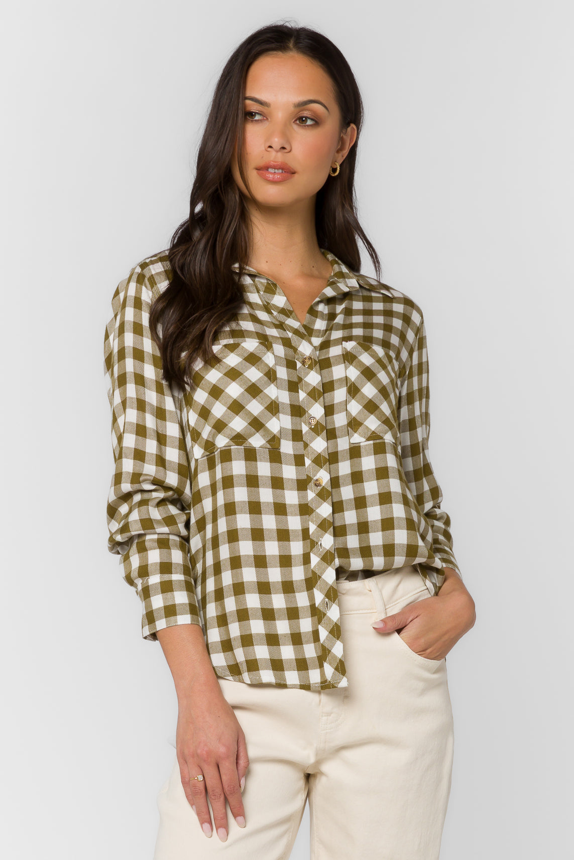 Kacia Olive Gingham Shirt – Velvet Heart Clothing