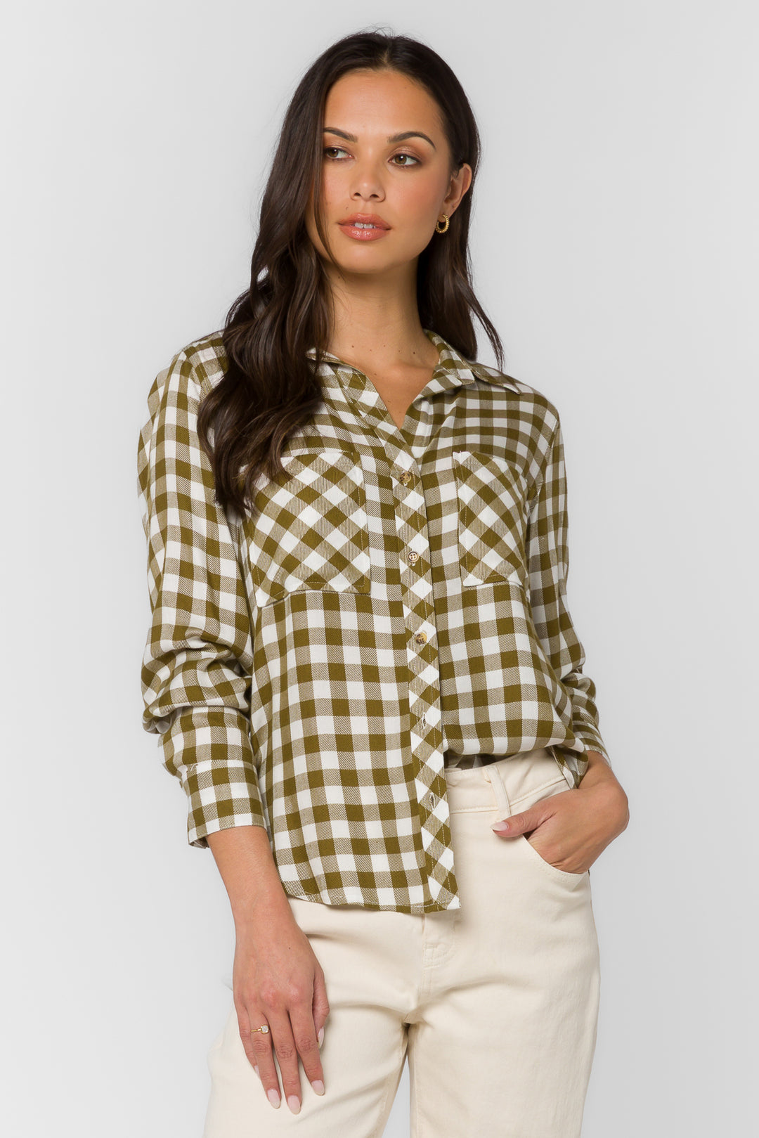 Kacia Olive Gingham Shirt - Tops - Velvet Heart Clothing