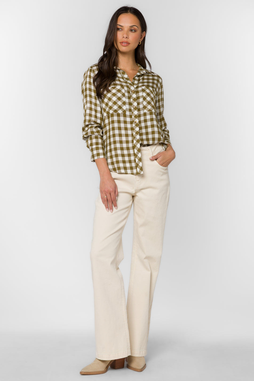 Kacia Olive Gingham Shirt - Tops - Velvet Heart Clothing