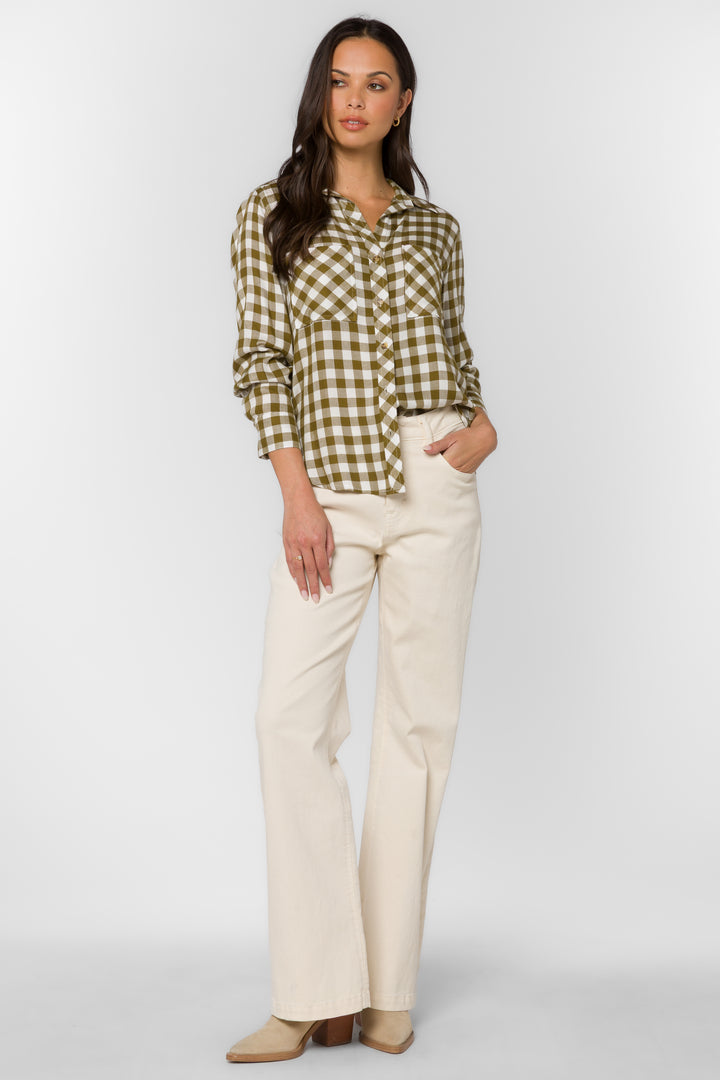 Kacia Olive Gingham Shirt - Tops - Velvet Heart Clothing