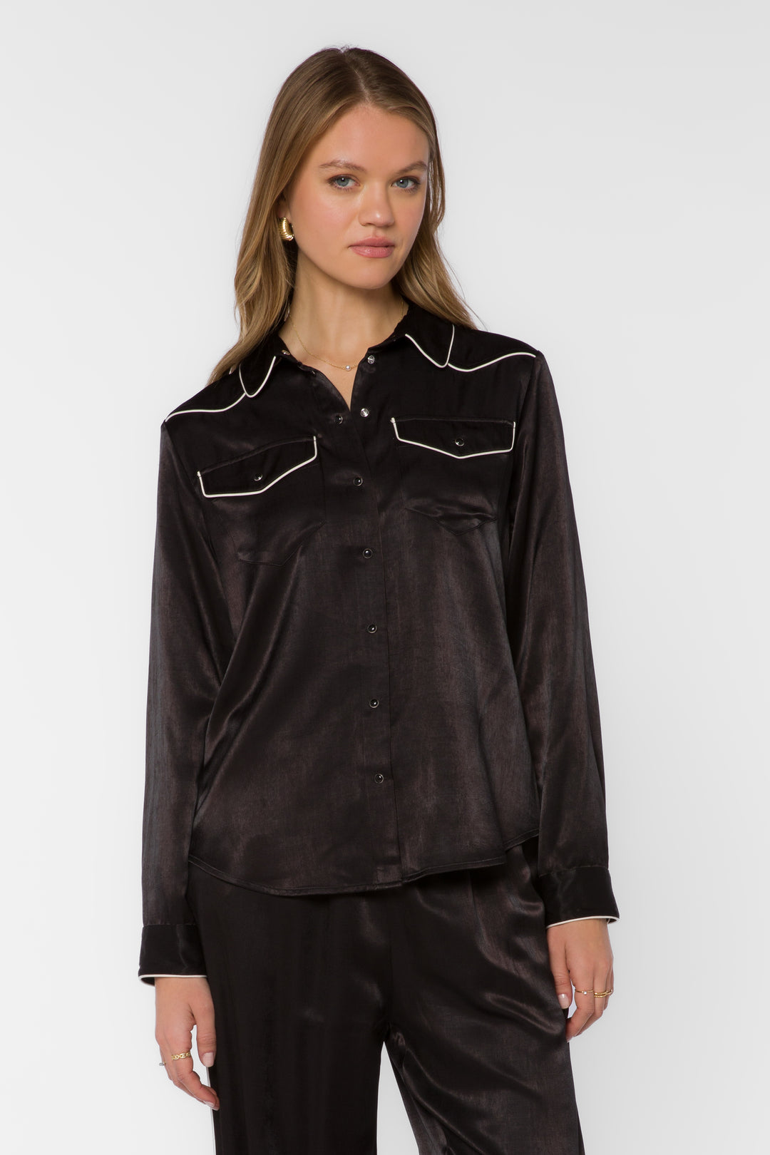Keila Black Satin Contrast Trim Shirt