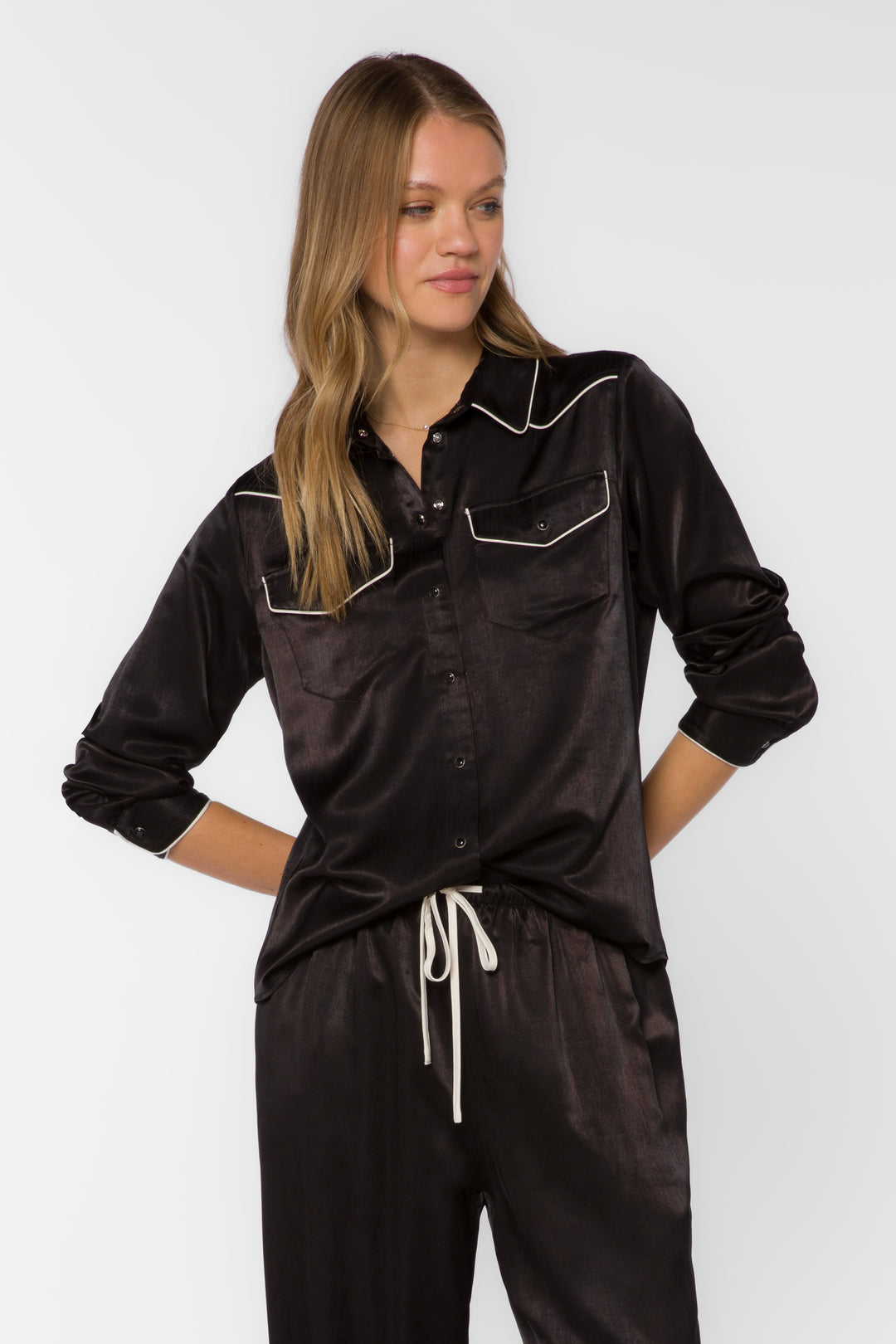 Keila Black Satin Contrast Trim Shirt