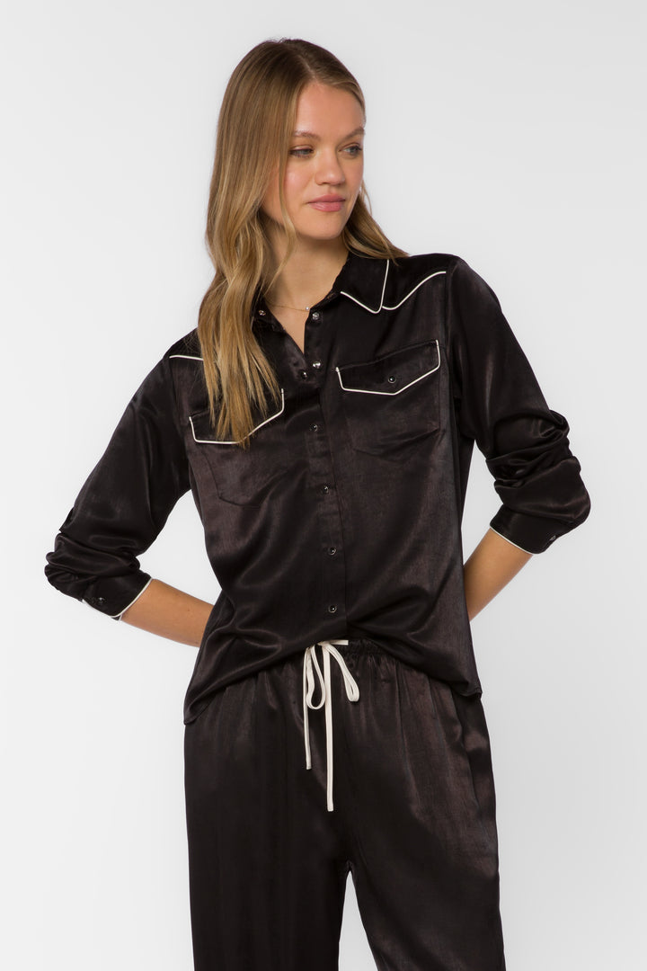 Keila Black Satin Contrast Trim Shirt
