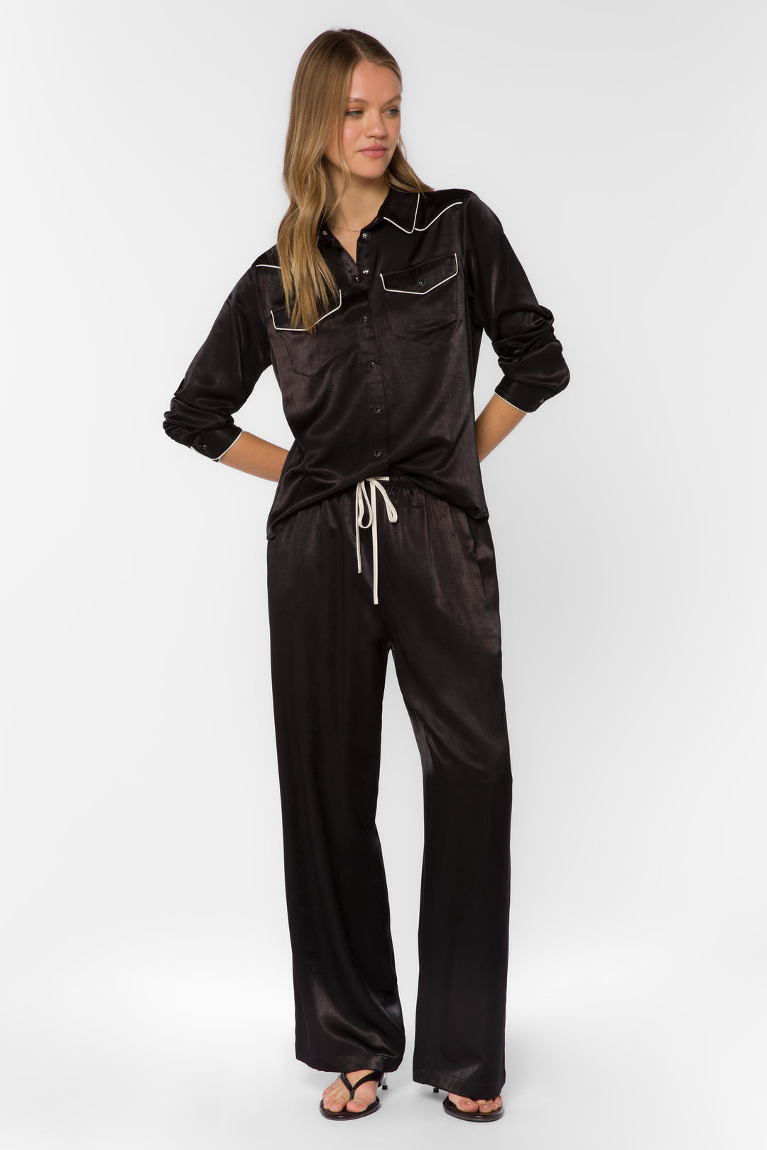 Keila Black Satin Contrast Trim Shirt