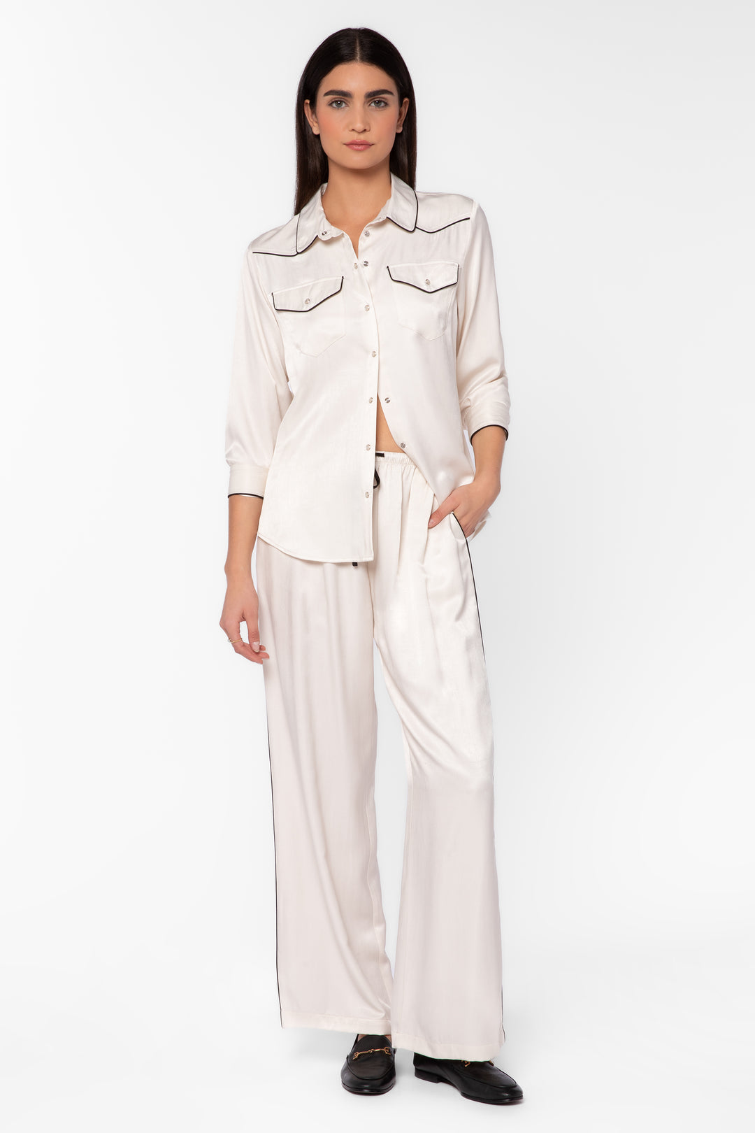 Keila Vanilla Satin Contrast Trim Shirt
