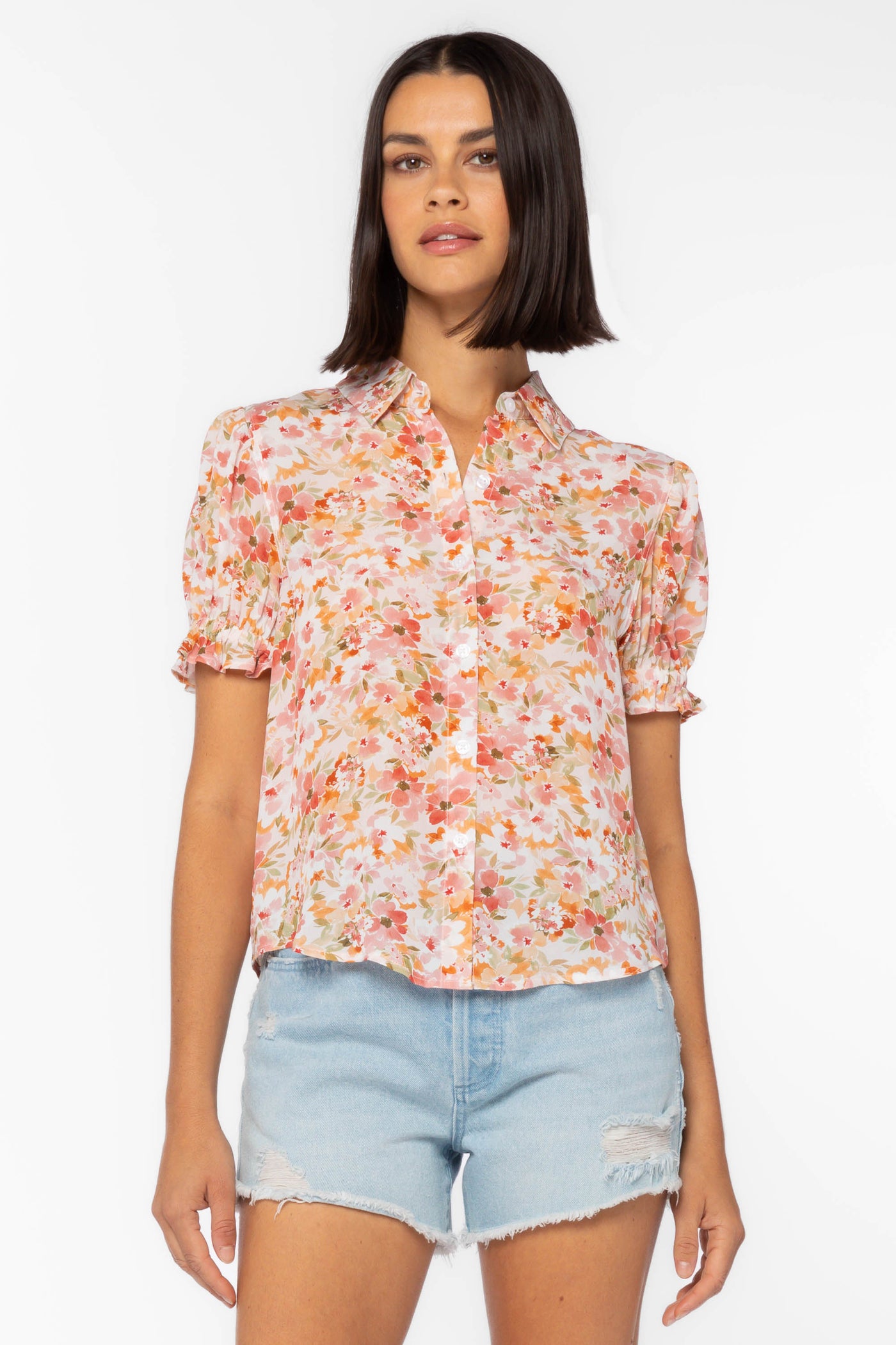 Kitt Orange Floral Shirt - Tops - Velvet Heart Clothing