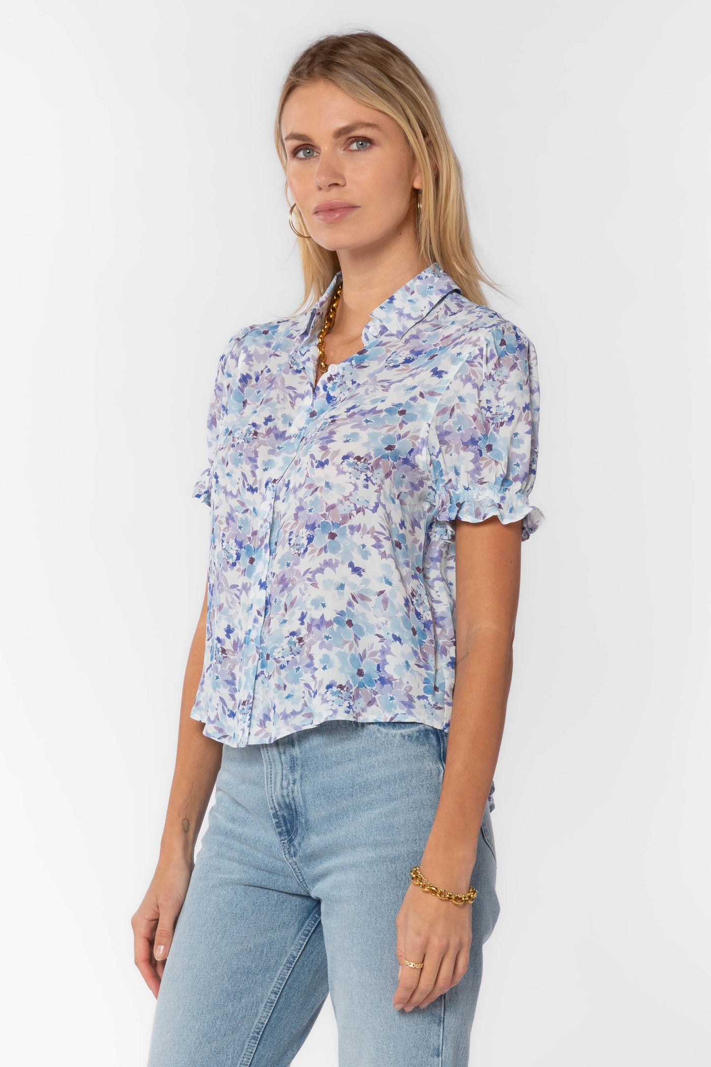 Kitt Blue Floral Shirt - Tops - Velvet Heart Clothing