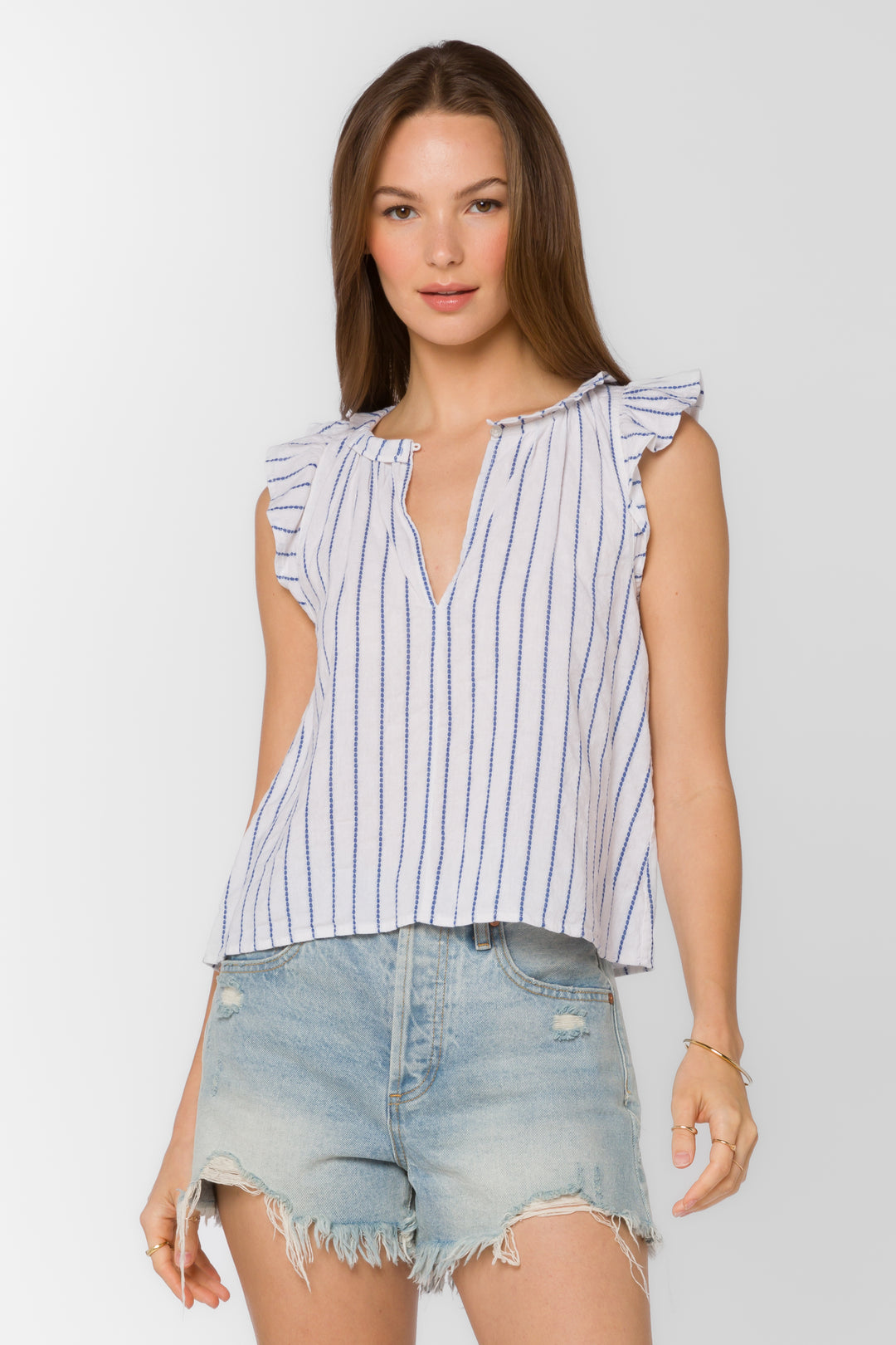 Nazira Blue White Jacquard Stripe Top - Tops - Velvet Heart Clothing
