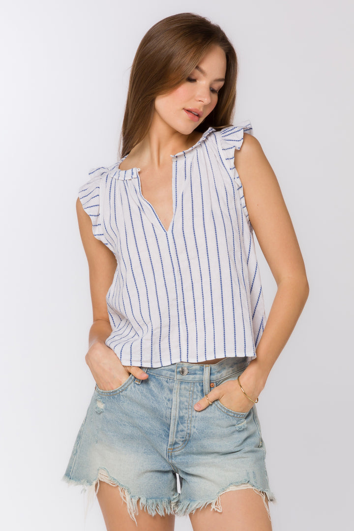 Nazira Blue White Jacquard Stripe Top - Tops - Velvet Heart Clothing