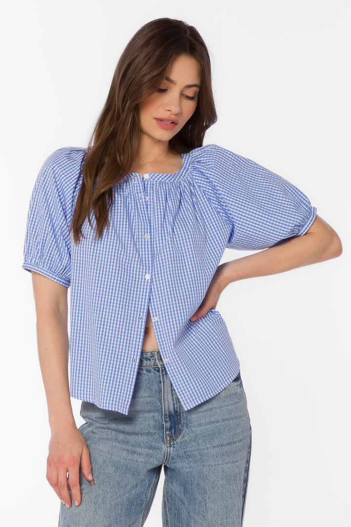 Ottilie Blue Gingham Top - Tops - Velvet Heart Clothing