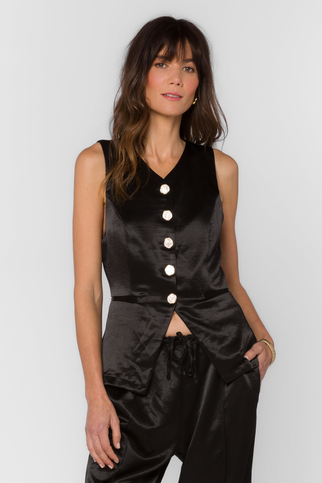 Pisces Black Satin Vest - Tops - Velvet Heart Clothing