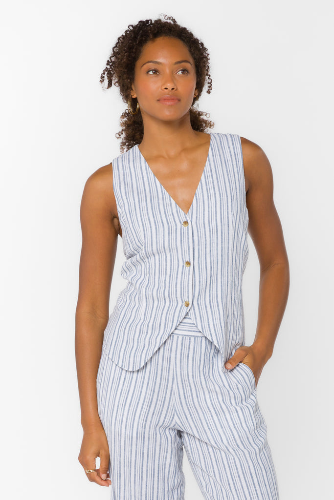 ワンピース Pearl ribbon chain quilting gilet Quincy Blue Stripe Vest – Velvet Heart Clothing