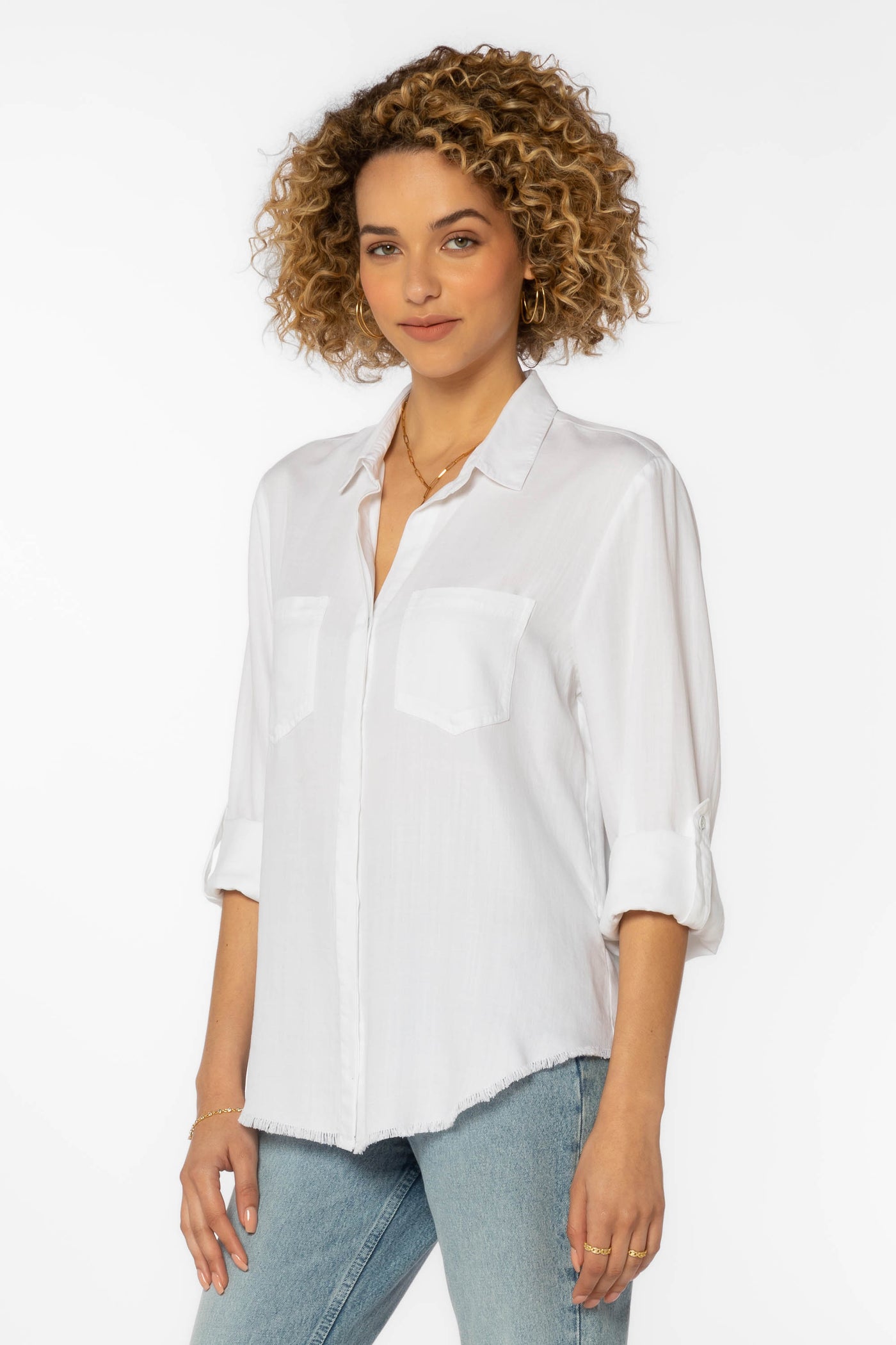 Riley White Frayed Hem Button Up Shirt - Tops - Velvet Heart Clothing