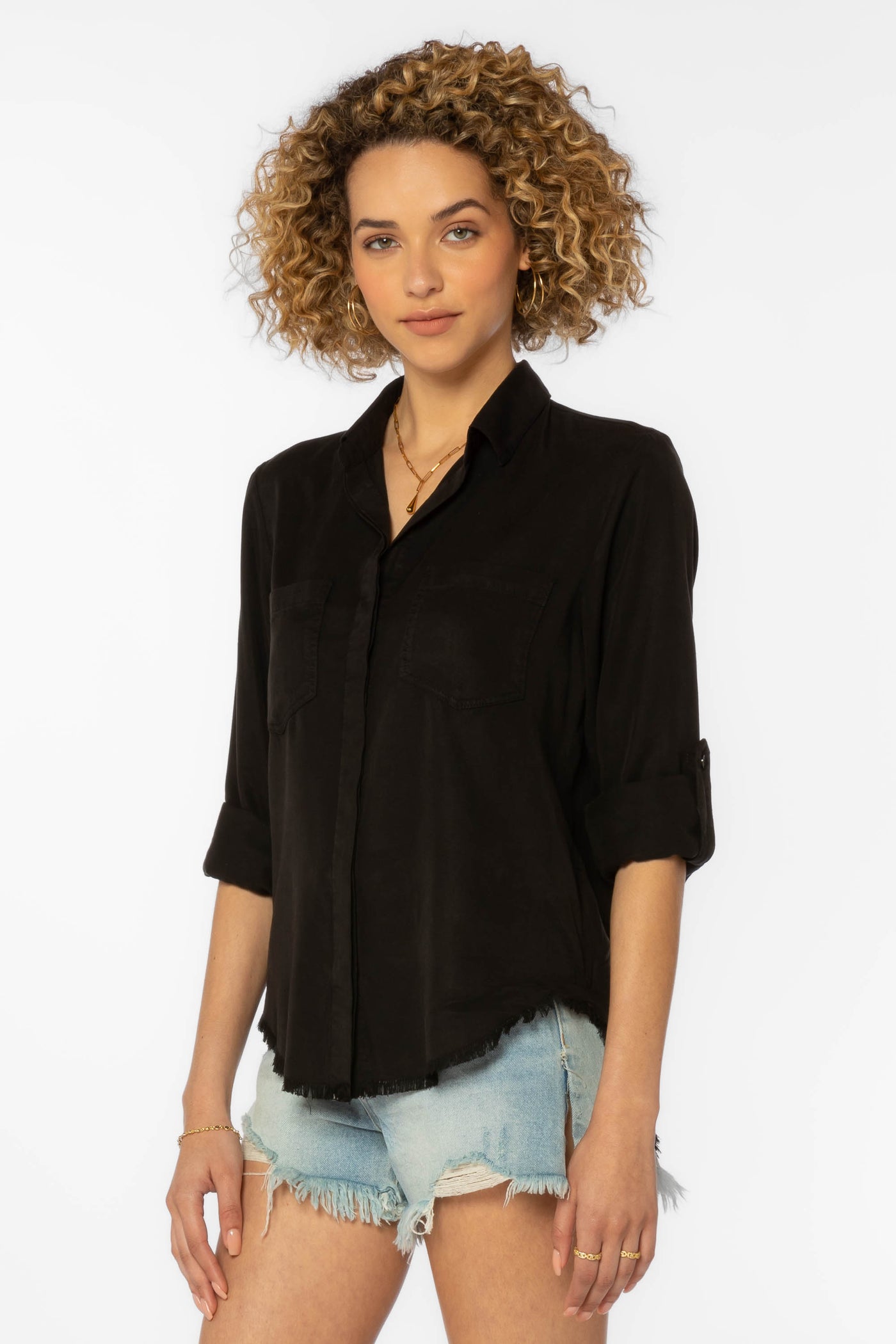 Riley Frayed Hem Button Down Shirt Black - Tops - Velvet Heart Clothing