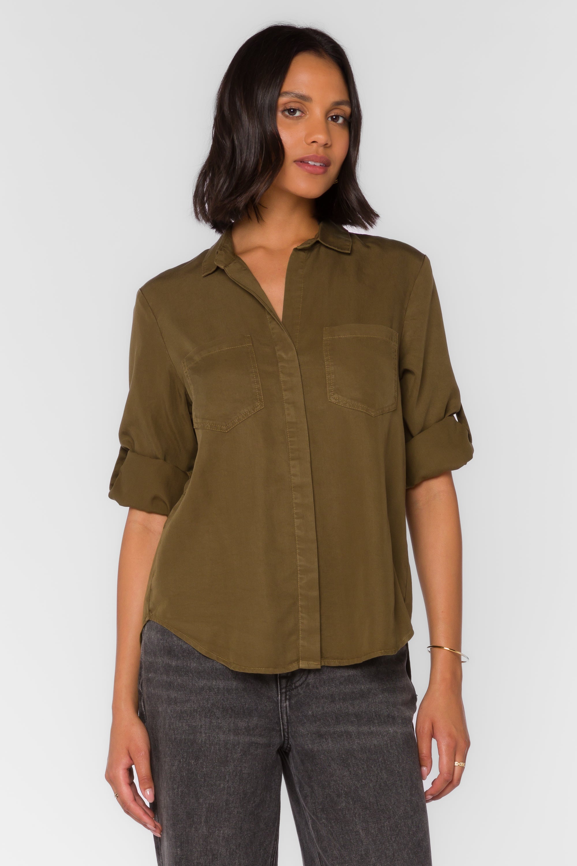 Riley Pesto Green Shirt - Tops - Velvet Heart Clothing