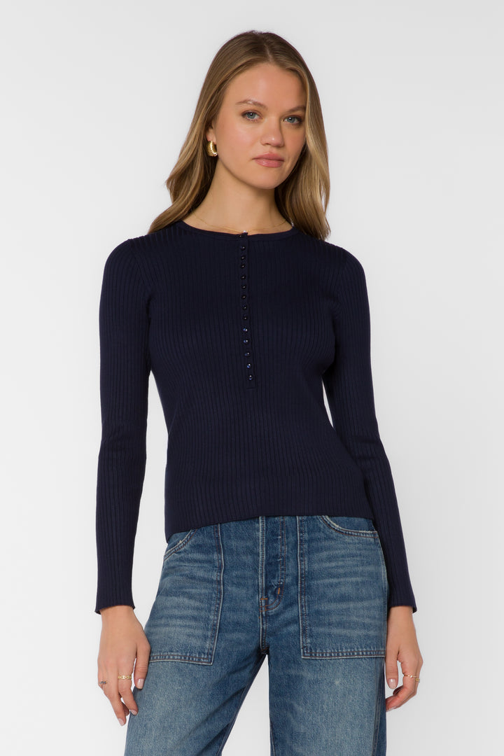 Selvi Navy Ribbed Henley Top