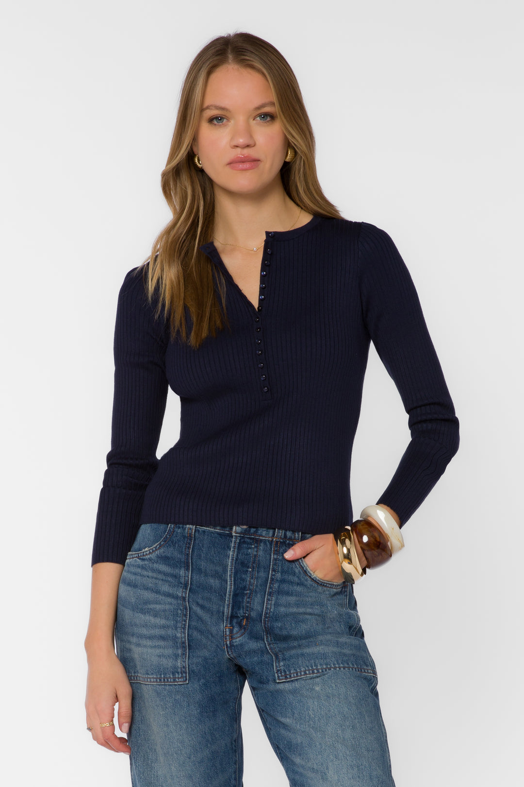 Selvi Navy Ribbed Henley Top
