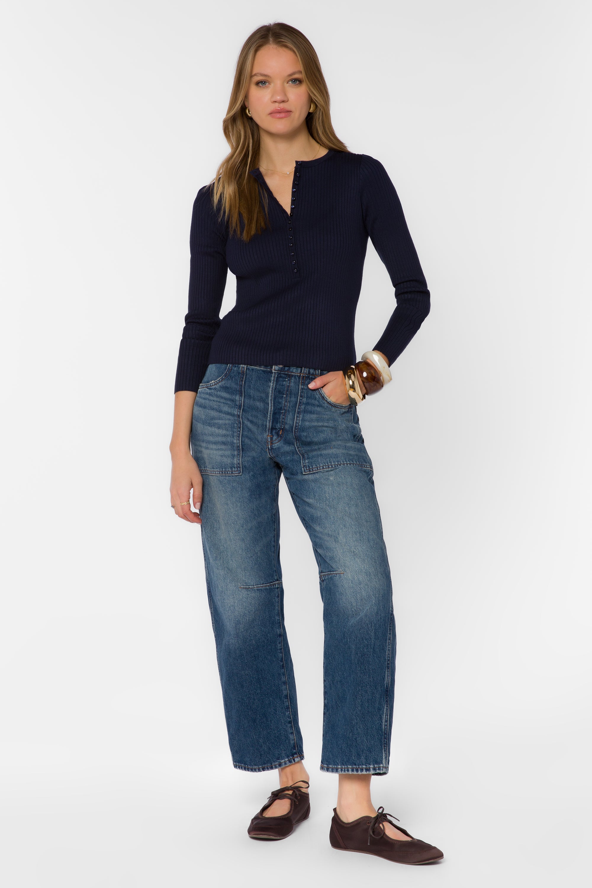 Selvi Navy Ribbed Henley Top