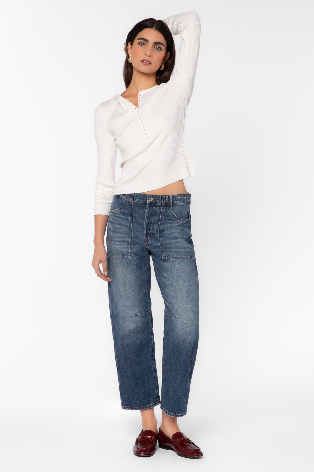 Selvi White Ribbed Henley Top