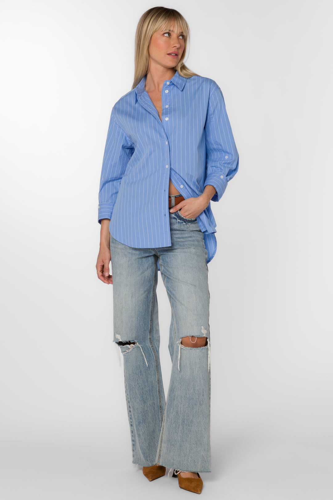 Suri Frosty Blue Stripe Shirt - Tops - Velvet Heart Clothing