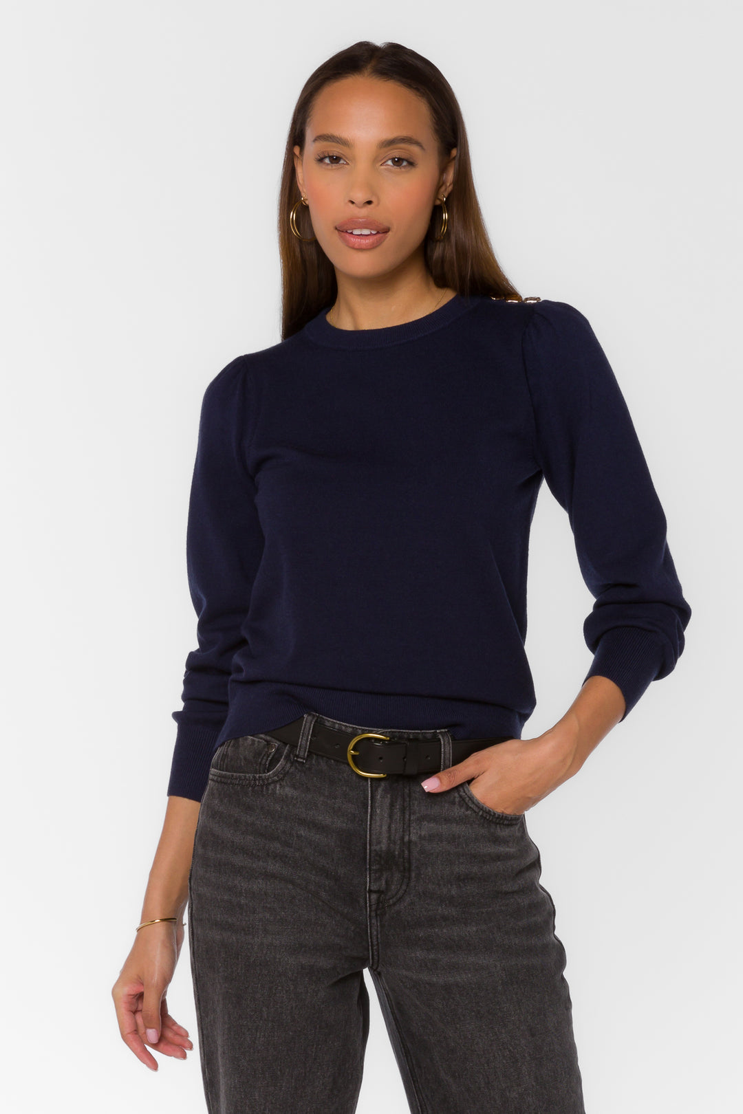 Taffy Navy Gold Button Sweater - Sweaters - Velvet Heart Clothing