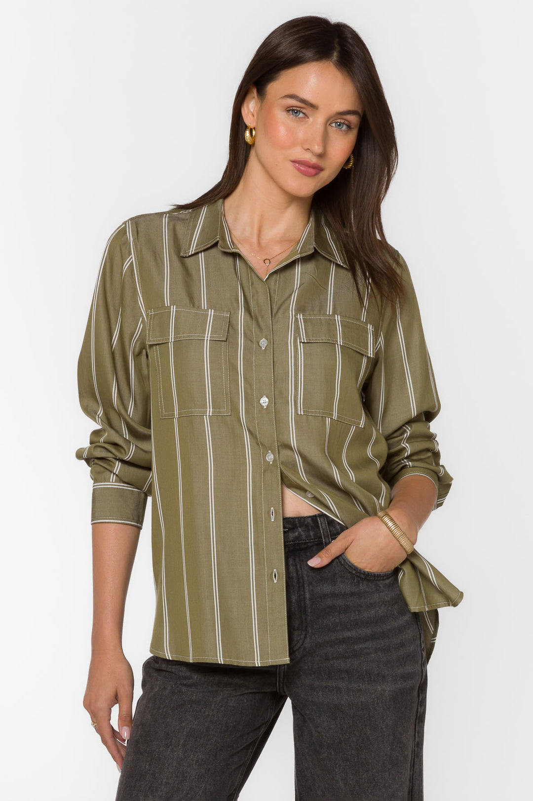 Talma Pesto Green Stripe Shirt - Tops - Velvet Heart Clothing