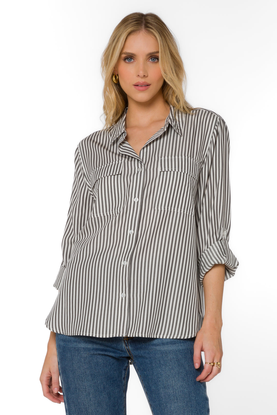 Talma Charcoal Stripe Shirt - Tops - Velvet Heart Clothing