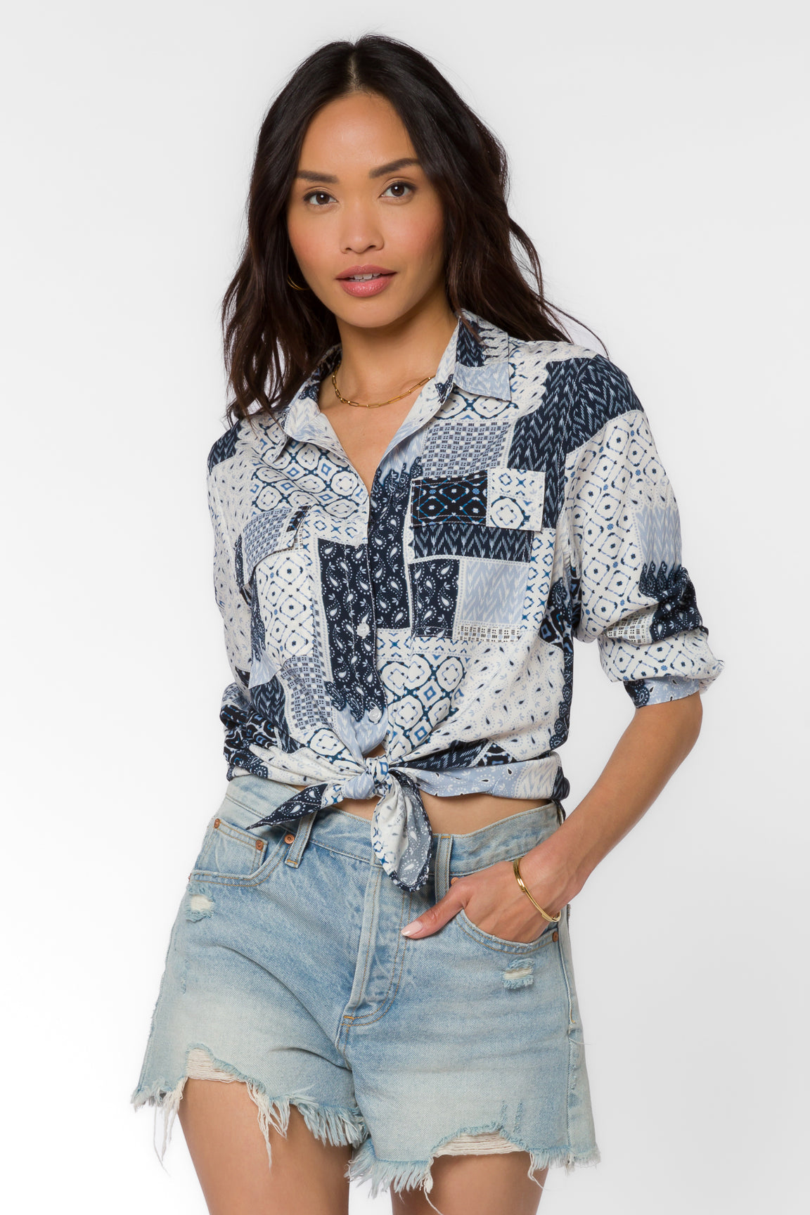 Talma Navy Patchwork Shirt - Tops - Velvet Heart Clothing