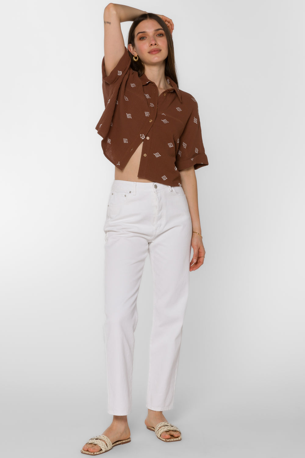 Trista Rustic Brown Embroidery  Shirt - Tops - Velvet Heart Clothing
