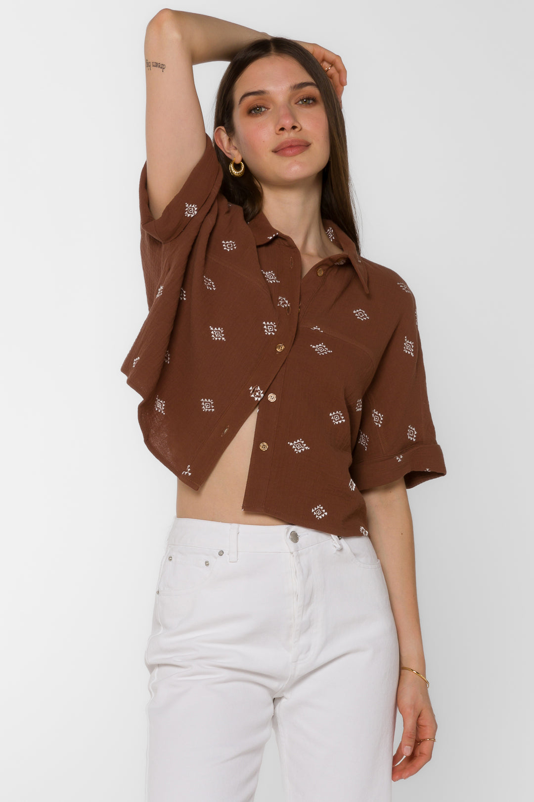 Trista Rustic Brown Embroidery  Shirt - Tops - Velvet Heart Clothing